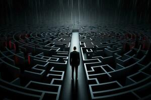 Businessman standing in the middle of a maze, 3D rendering, Businessman standing in front of a large maze on a Black background, AI Generated photo