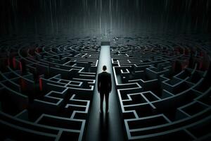 Businessman standing in the middle of a maze, 3D rendering, Businessman standing in front of a large maze on a Black background, AI Generated photo