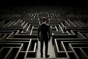 Businessman standing in front of a maze and looking at the solution, Businessman standing in front of a large maze on a Black background, AI Generated photo
