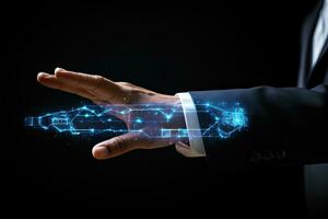 Close up of businessman hand holding abstract glowing circuit on dark background. 3D rendering, Businessman hand using digital hologram interface with his finger on Black, AI Generated photo