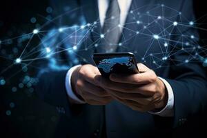 Close up of businessman using smartphone with global network concept on background, Businessman hand using a smart phone with a global network connection concept on the screen, AI Generated photo