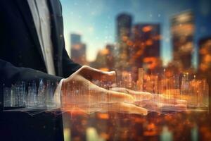 Close up of businessman touching virtual panel with cityscape on blurred background, Businessman hand working with digital business chart interface on blurred city background, AI Generated photo