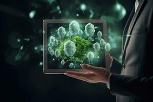 Close up of human hands holding tablet pc with green cloud computing concept, Businessman holding a tablet with CO2 emissions in his hands 3D rendering, top section cropped, AI Generated photo