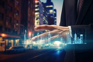 Businessman holding hologram city in his hand on blurred city background, Businessman hand on blurred background using digital holographic interface 3D rendering, AI Generated photo