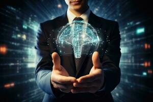 Close up of businessman holding digital brain hologram in palm. 3D rendering, Businessman hand using digital brain interface with data analysis and cloud computing concept, AI Generated photo