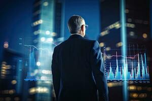 Rear view of businessman looking at forex chart on city background. Stock market concept, Businessman plan graph growth and increase of chart positive indicators in his business, AI Generated photo