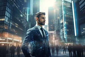 Portrait of a handsome young businessman in a suit standing in the city and looking at the future. Toned image double exposure, Businessman Leveraging AI Technology on a blurry urban, AI Generated photo