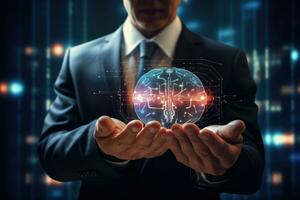 Close up of businessman holding digital brain in palm. Artificial intelligence concept, Businessman hand using digital brain interface with data analysis and cloud computing concept, AI Generated photo