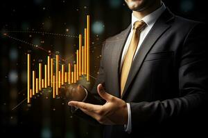 Close up of businessman holding in palm candlestick chart in palm, Businessman plan graph growth and increase of chart positive indicators in his business, AI Generated photo