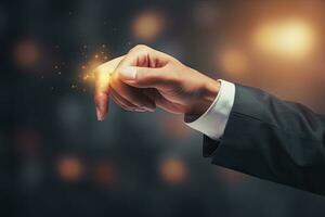Close up of businessman hand touching screen with finger. 3d rendering, Businessman hand touching a star rating concept on a touch screen with his finger, AI Generated photo
