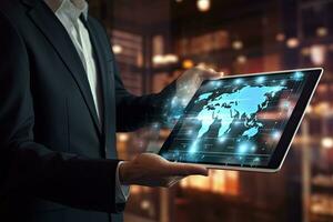 Close up of businessman hands using tablet pc with global map on screen, Businessman hand using tablet computer with digital business interface. 3D Rendering, AI Generated photo