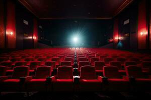 Empty cinema auditorium with rows of red seats illuminated by spotlights, Bright empty red seats in cinema rows, AI Generated photo