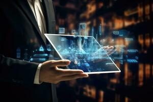 Close up of businessman holding tablet pc with business hologram on it, Businessman hand using tablet computer with digital business interface. 3D Rendering, AI Generated photo