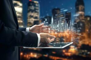 Close up of businesswoman using tablet pc with cityscape at background, Businessman hand using tablet computer with digital business interface. 3D Rendering, AI Generated photo
