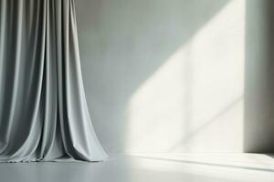 Minimalistic abstract backdrop with gentle grey tone and window curtain shadows photo