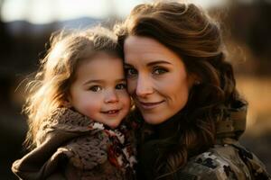 Active duty military moms neck lovingly hugged by little girls hands photo