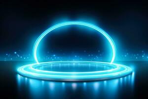 Minimalistic abstract blurry light blue background with circular neon glow photo