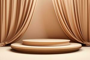 Luxury feminine 3D display podium with wood frame pedestal and silk curtain mockup photo