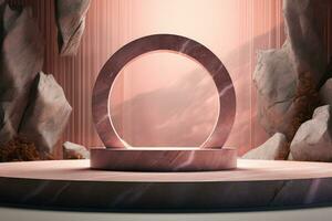 3D Background with Podium Marble Display Stone Pedestal Balancing Shapes Rock Stage Cosmetics Beauty Products Presentation Illumination with Frame3D Render photo