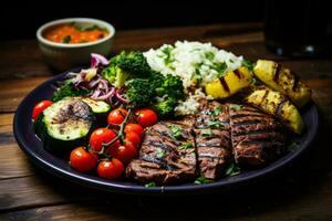 Grilled steak with rice and grilled veggies served as a meal photo