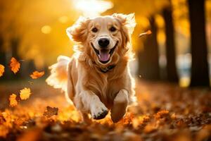 Joyful golden retriever happily runs in the park amidst autumns fallen leaves photo