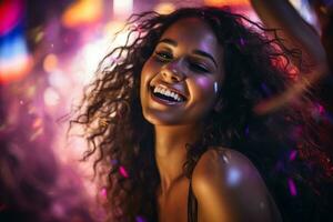 Girl enjoys vibrant disco party dancing energetically with friends all night photo