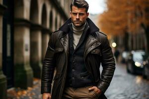 Stylish gentleman rocks leather outerwear with sartorial flair photo