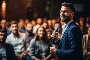 Speaker delivering business talk in conference hall with audience present photo