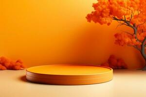 3d naranja podio con árbol sombra otoño belleza producto monitor foto