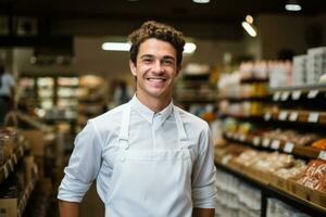 Cheerful young employee in grocery store smiling at the camera photo