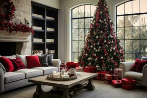 A festive living room adorned with a Christmas tree gifts and decorations photo