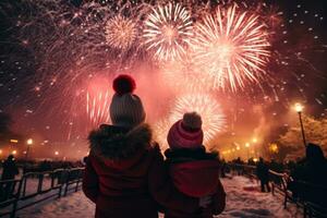 The childs eyes sparkle with wonder and delight at the snowy parks firework display photo
