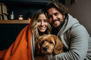 Relaxed couple enjoys home life with their loving dog and laptop photo