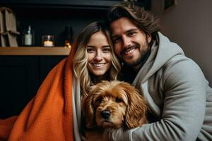 relajado Pareja disfruta hogar vida con su amoroso perro y ordenador portátil foto