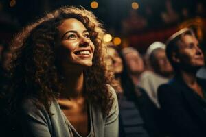 un mujer Uniones un animado teatro audiencia alegremente aplausos y disfrutando el espectáculo foto