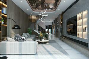 The Art of Modern Living Sculptures, Sofa, Chandeliers, and Designer Furniture in Luxury Rooms 3D rendering photo