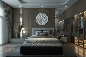 Luxury Bed, Plaid, Almirah, and Console Table in Modern Bedroom 3D rendering photo