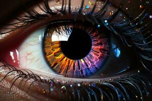 Scattered rainbow lines form a volumetric human eye iris and pupil after a bright flash photo