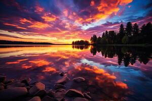 Vibrant sunset casting colorful reflections on serene lake shimmers beautifully photo