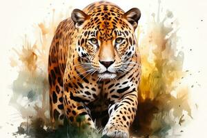 Realistic full body Jaguar portrait in watercolor brushstroke style photo