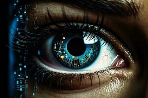 futurista humano ojo biométrico poner en pantalla para avanzado digital seguridad foto