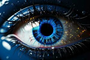 Bright blue and azure lines scatter after blast forming volumetric human blue eye model photo