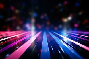 Abstract background features pink and blue glowing neon lines and bokeh lights photo