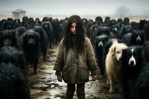 un niña soportes antes de un manada de misterioso perros aprensivo foto
