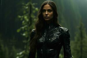 Catwoman stands in a eerie dim forest evoking unease photo
