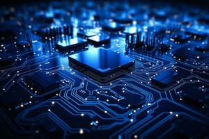 Blue circuit board background resembling electronic components in a computer photo