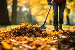 persona rastrillos hojas durante el otoño temporada para limpiar yardas foto