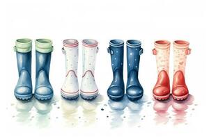 Hand drawn pastel digital watercolour paint sketch of rubber boots with various prints for baby boys and girls isolated close up element for spring or summer decoration photo