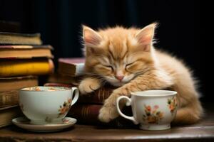 Little red kitten peacefully slumbers on a books teacup pile creating kid friendly charm for various designs photo