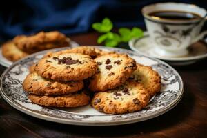 muchos crujiente delicioso galletas con chocolate migas Perfecto para té foto